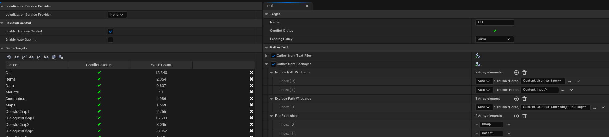 Unreal localization dashboard showing game targets, word counts, conflict status, and text-gathering settings for the GUI target